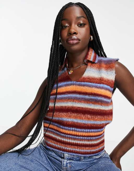 Mango – Ärmelloses Strickträgertop mit Kragen und Streifen in mehreren Farben