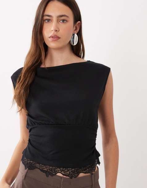 Mango ärmelloses T-Shirt mit Spitzenbesatz in Schwarz - view 1