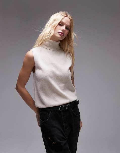 Mango – Ärmelloses Tanktop in Hellbeige mit Rollkragen - view 1