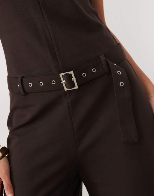 Mango ärmlös jumpsuit med skärp i mörkbrun, 3 av 4