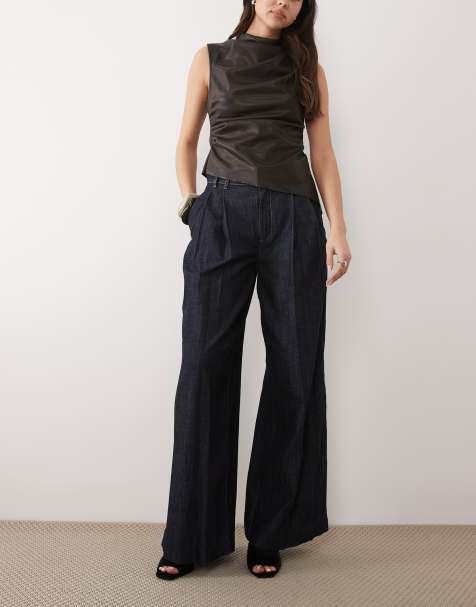 Mango Artemide 100% cotton pleat front wide leg jean in indigo - view 1
