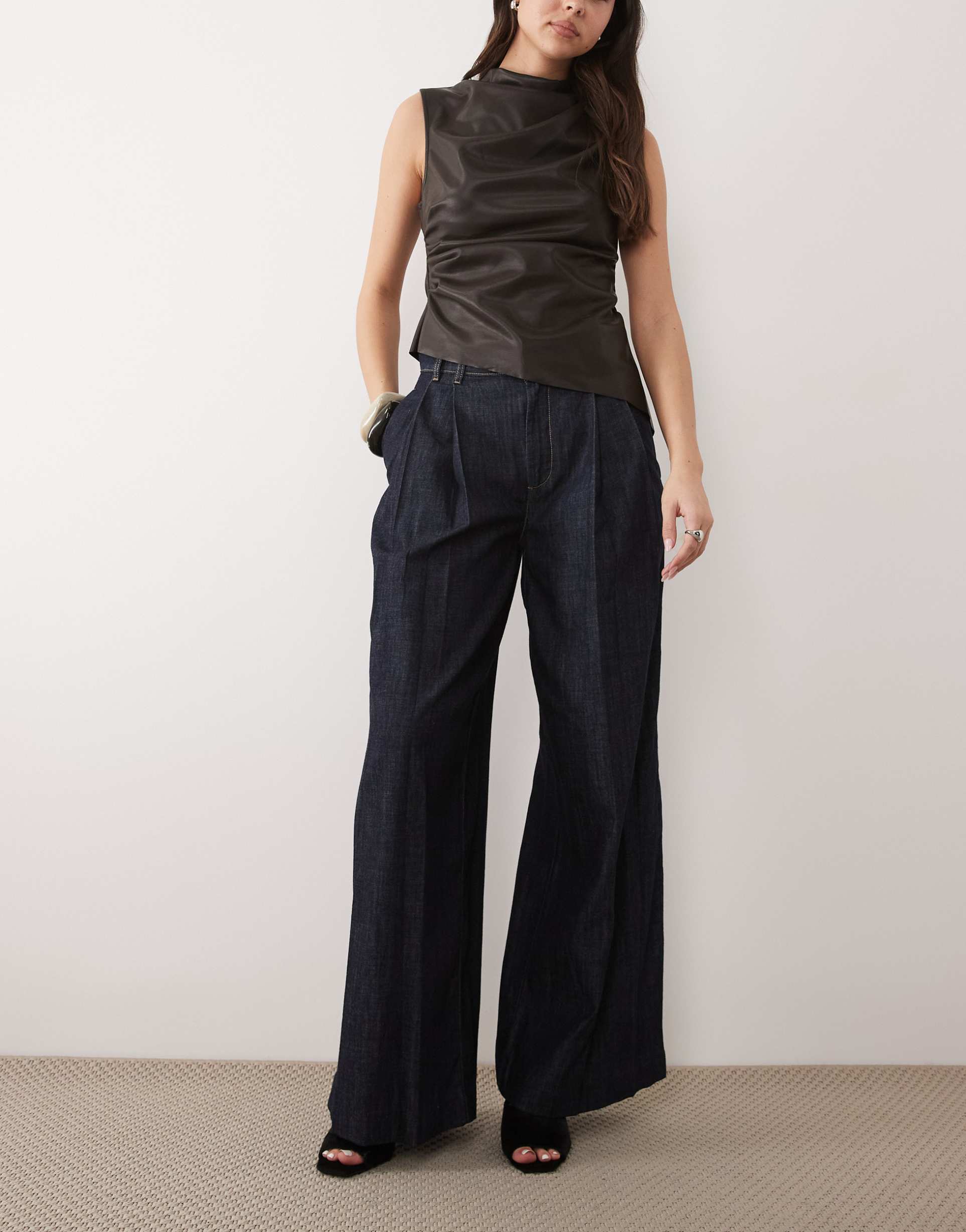 mango artemide 100% cotton pleat front wide leg jeans in indigo
