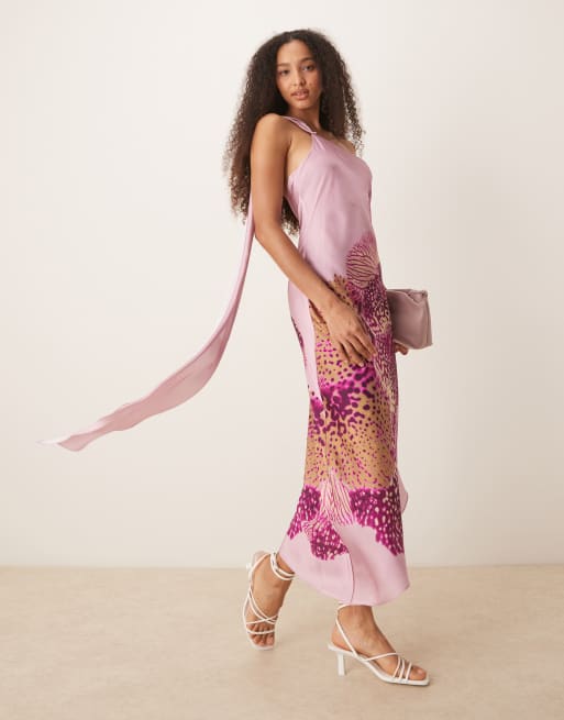Mango asymetri drape shoulder dress with abstract graphic print in pink