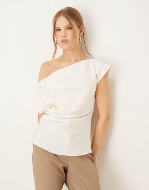 Mango asymmetric ruched side top in white