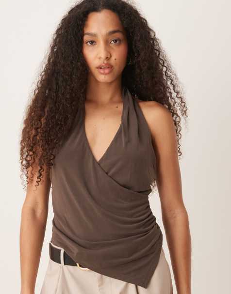 Mango asymmetric halter neck top with ruched cinch waist detail in mocha brown