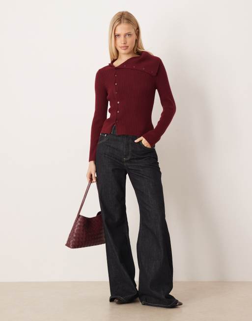Mango asymmetric button detailing sweater in burgundy, 2 of 4