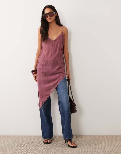 Mango asymmetric cami top with lace trim in rose - view 1