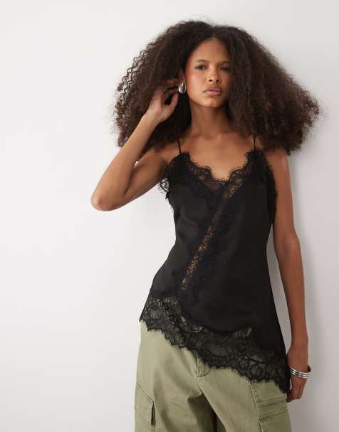 Mango asymmetric compact knit cami top with lace trim in black - view 1