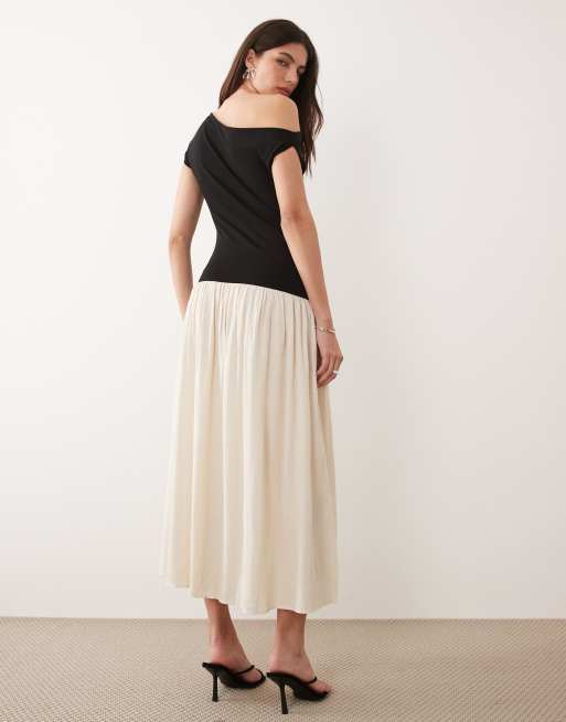 Mango asymmetric drop waist color block maxi dress in black and stone, 4 of 4