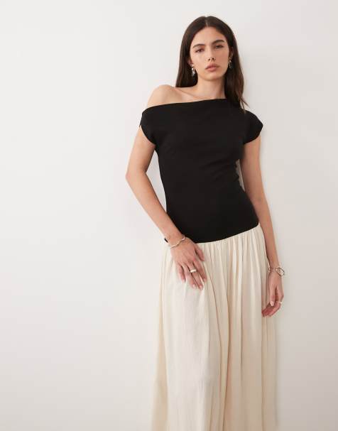 Mango asymmetric drop waist colour block maxi dress in black and stone - view 1