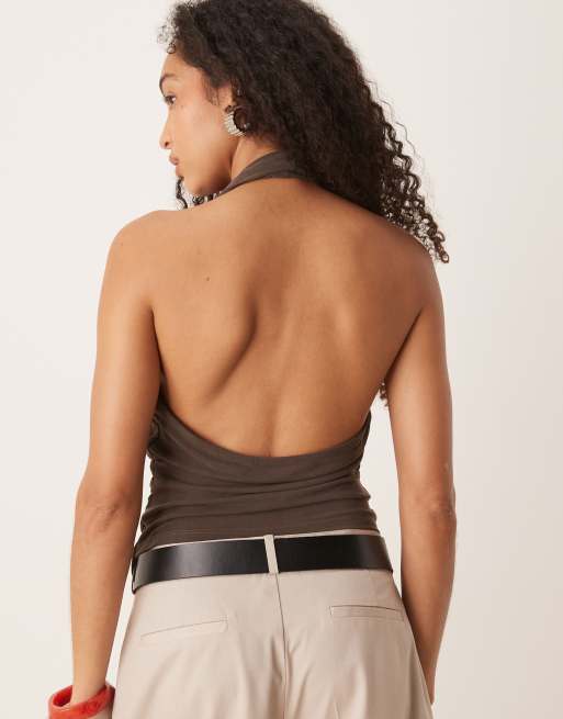 Mango asymmetric halter neck top with ruched cinch waist detail in mocha brown