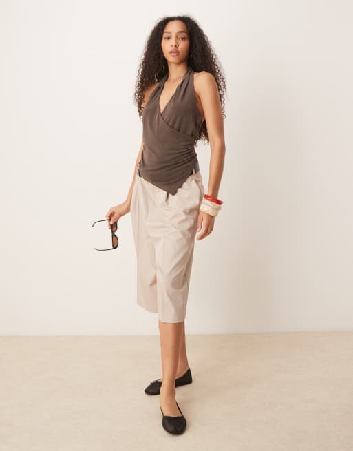 Mango asymmetric halter neck top with ruched cinch waist detail in mocha brown