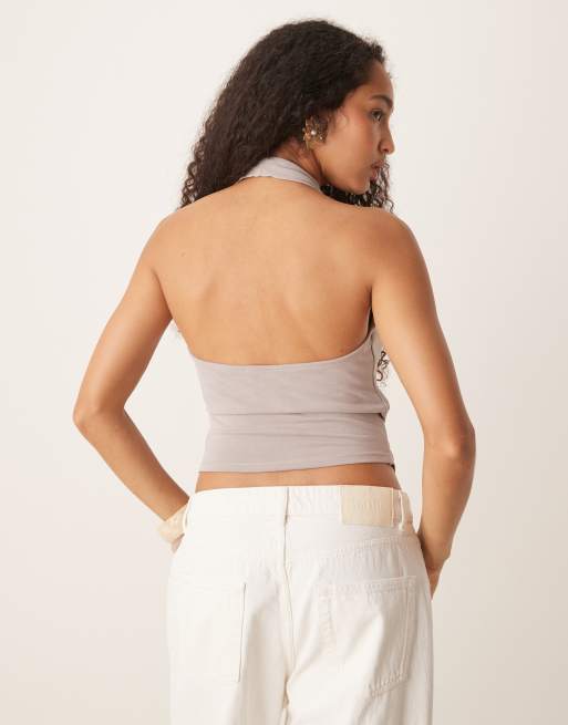 Mango asymmetric halter neck top with ruched cinch waist detail in mushroom