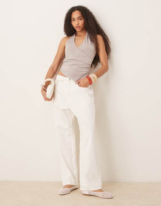 Mango asymmetric halter neck top with ruched cinch waist detail in mushroom