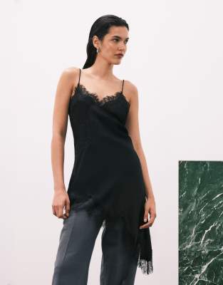 Mango Asymmetric Hem Longline Satin Cami Top With Lace Edge In Black