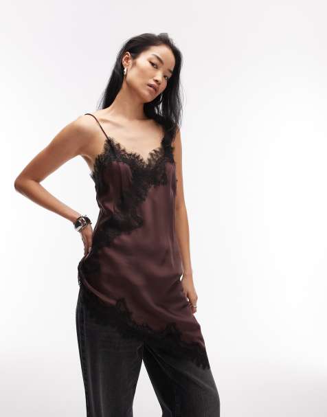 Mango asymmetric hem longline satin cami top with lace edges in burgundy - view 1