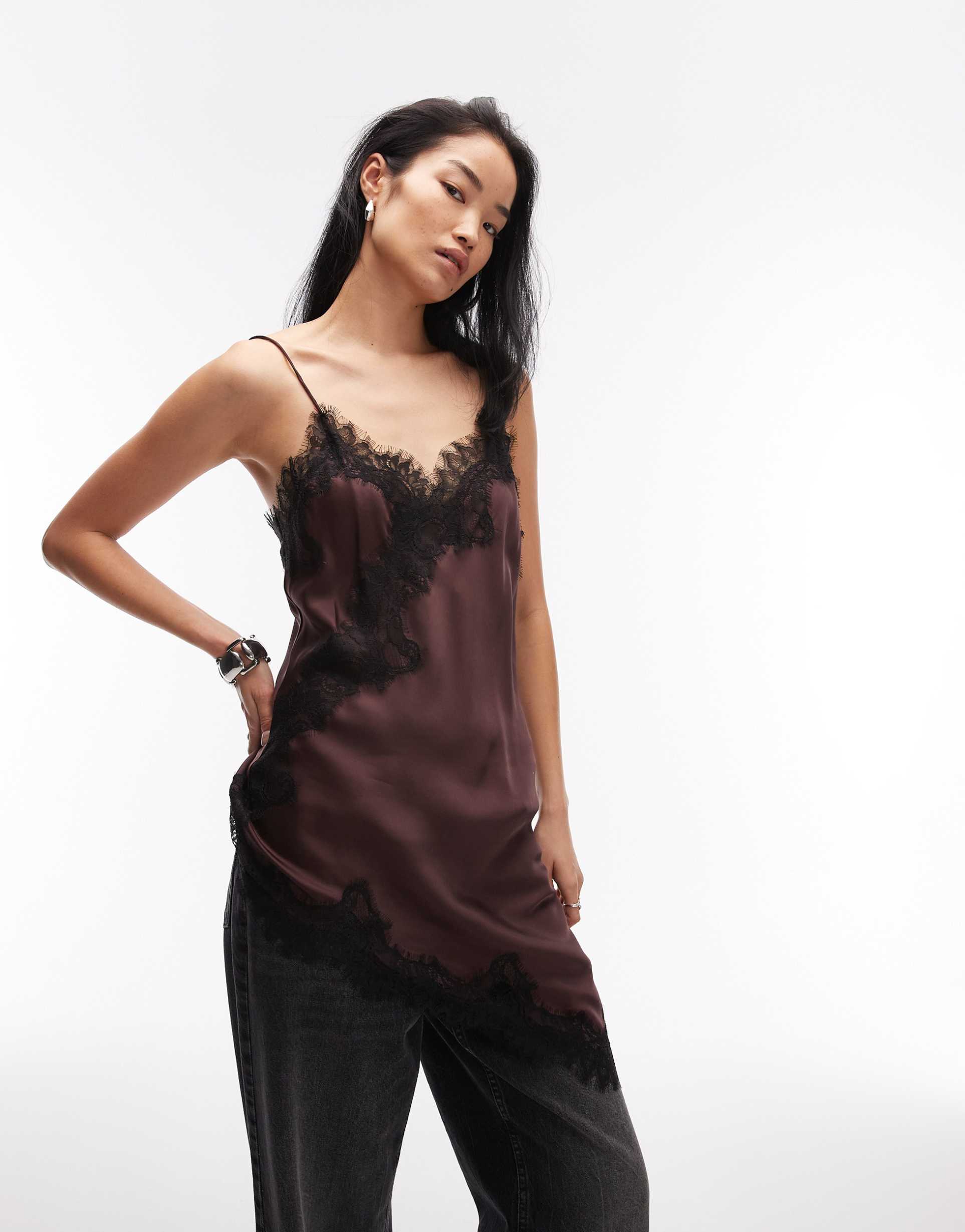 mango asymmetric hem longline satin cami top with lace edges in burgundy