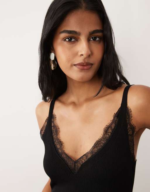 Mango asymmetric hem midi dress with lace trim in black, 3 of 4