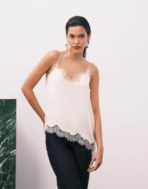 Mango asymmetric hem satin cami top with lace edge in cream