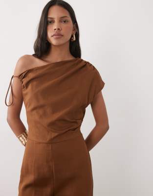 Mango Asymmetrical Lyocell-linen Jumpsuit In Tobacco Brown