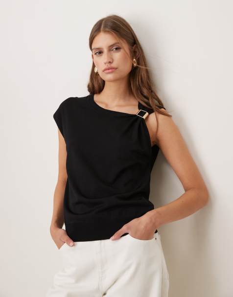 Mango asymmetric knit sleeveless top with hardware detail in black - view 1