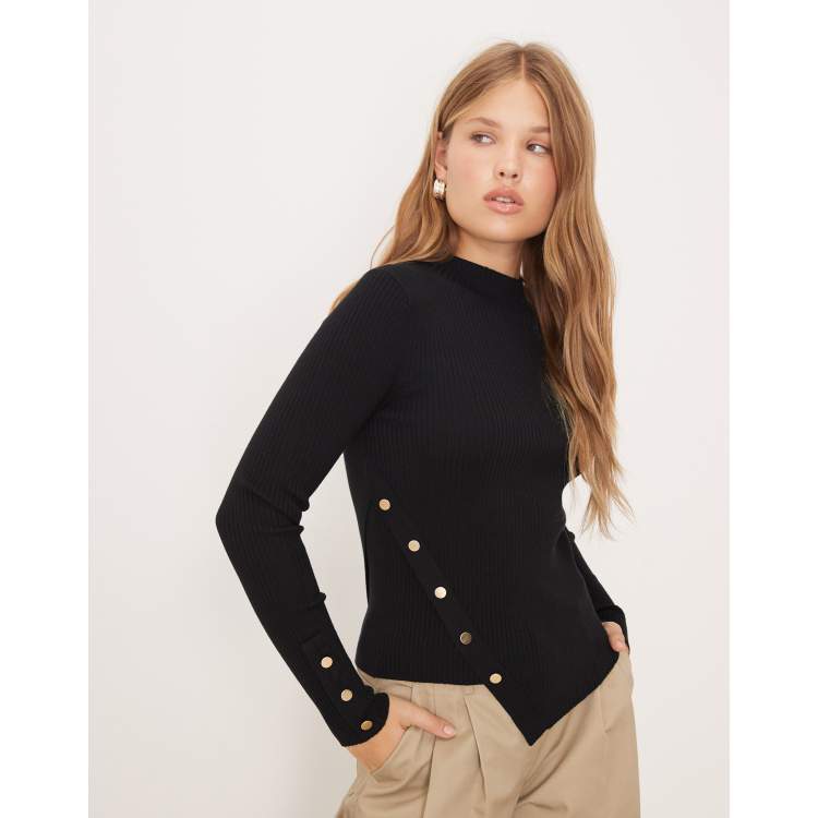 Mango asymmetric knit top with gold buttons in black | ASOS