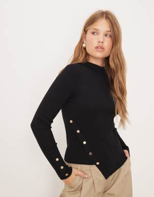 Mango Mango asymmetric knitted top with gold buttons in black