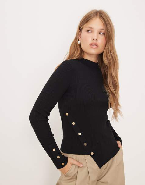 Mango asymmetric knitted top with gold buttons in black - view 1