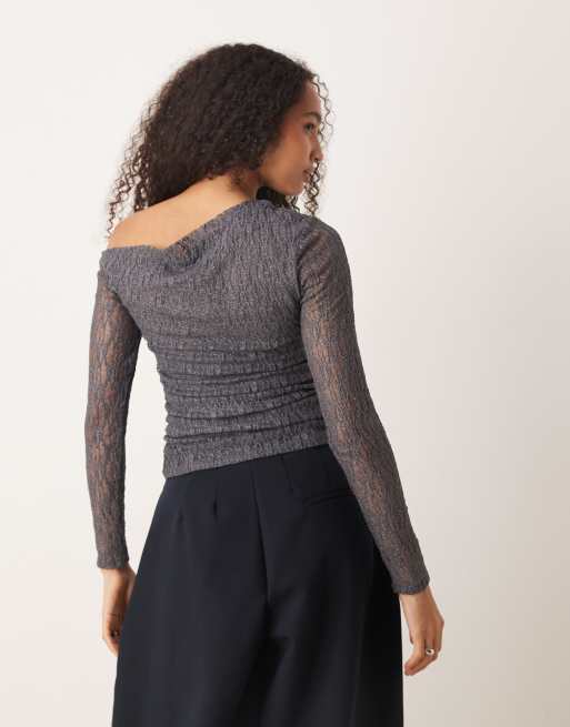 Mango asymmetric long sleeve lace top in gray, 3 of 4