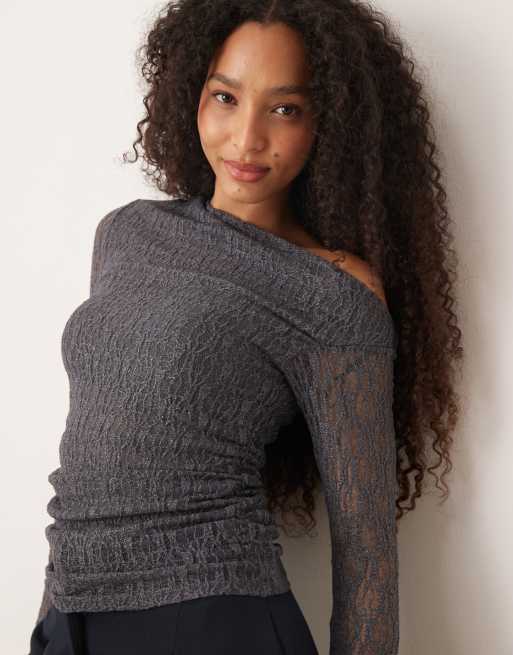 Mango asymmetric long sleeve lace top in gray, 4 of 4