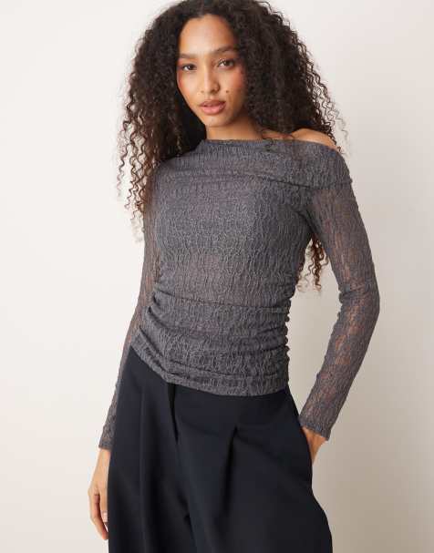Mango asymmetric long sleeve lace top in grey
