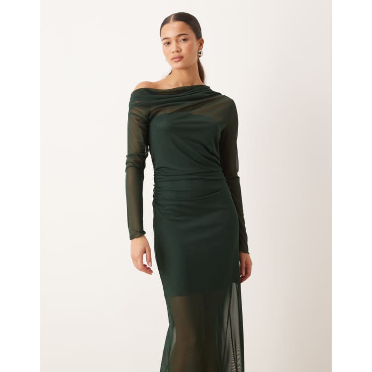 Mango asymmetric long sleeve maxi dress in forest green | ASOS