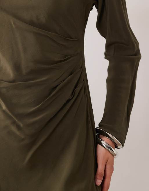 Mango asymmetric long sleeve mini dress in khaki, 3 of 4