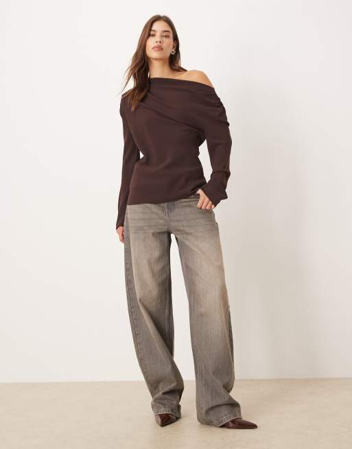 Mango asymmetric long sleeve top in plum, 3 of 4