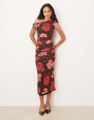 Mango asymmetric mesh midi dress in brown and pink floral print-Multi