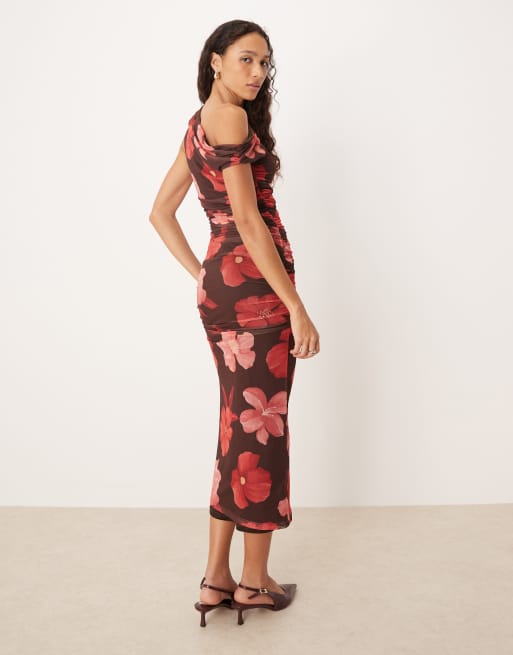 Mango asymmetric mesh midi dress in brown and pink floral print