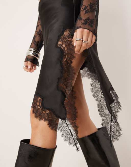 Mango asymmetric mini skirt with lace edge in black, 2 of 5