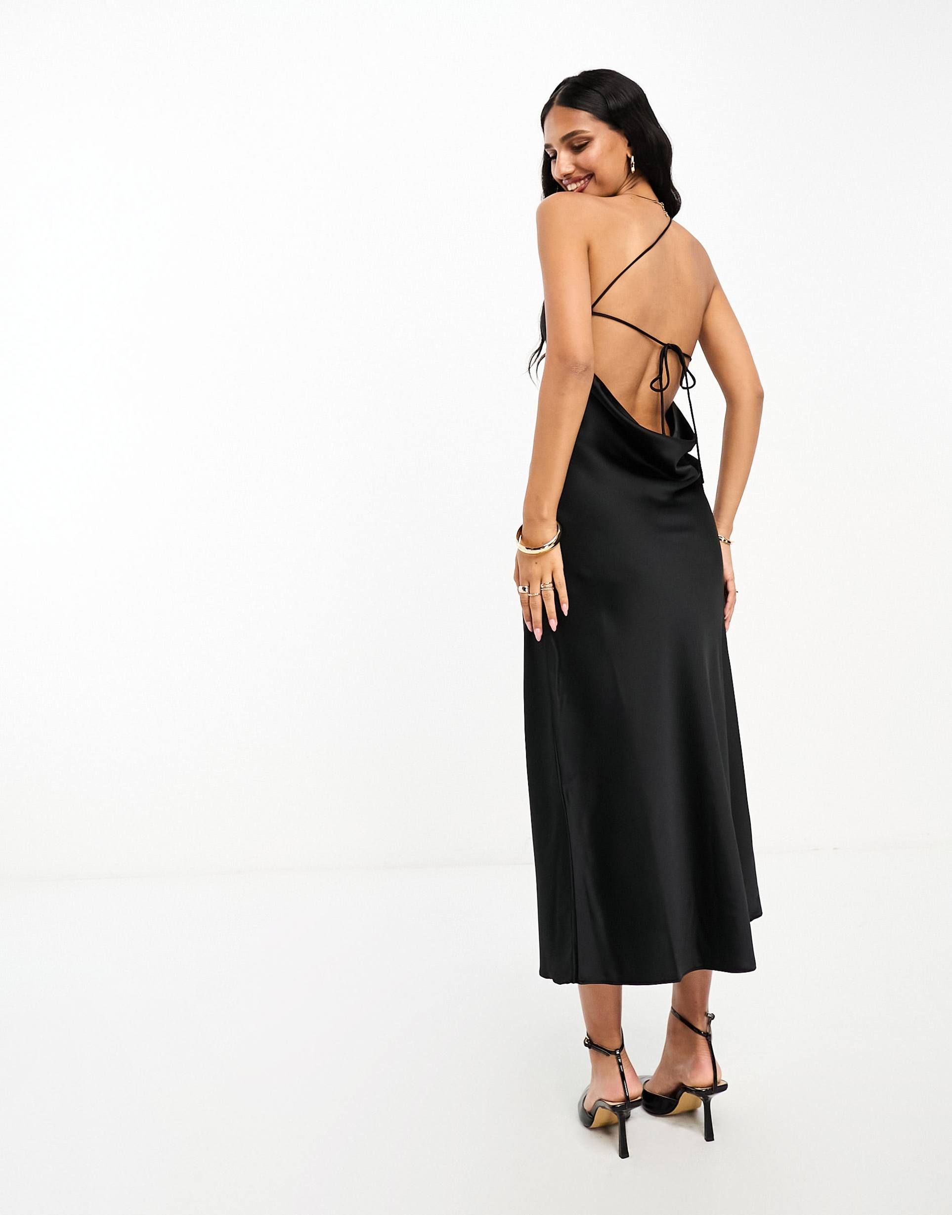 mango asymmetric one shoulder backless detail midi dress in black