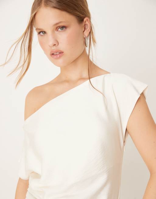 Mango asymmetric ruched side top in white, 4 of 4