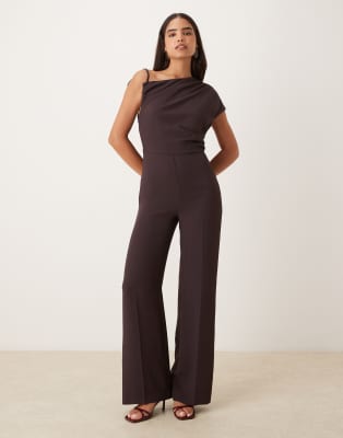 Mango Asymmetric Ruched Waist Jumpsuit In Brown