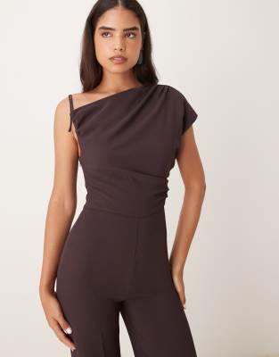 Mango Asymmetric Ruched Waist Jumpsuit In Brown
