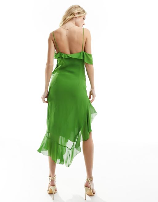 Mango asymmetric ruffled midi dress in green