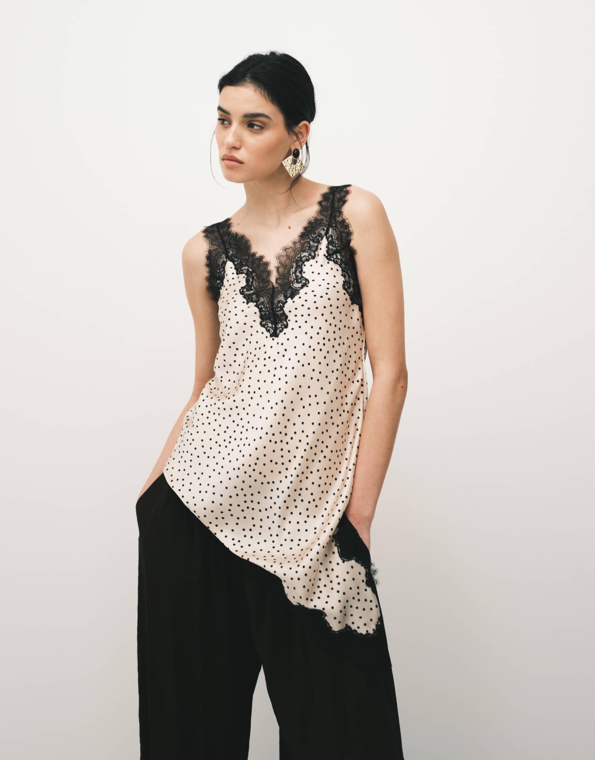 mango asymmetric satin longline cami top with lace trim in beige and black polka dot