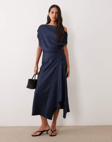 Mango asymmetric satin midi dress in navy - view 1