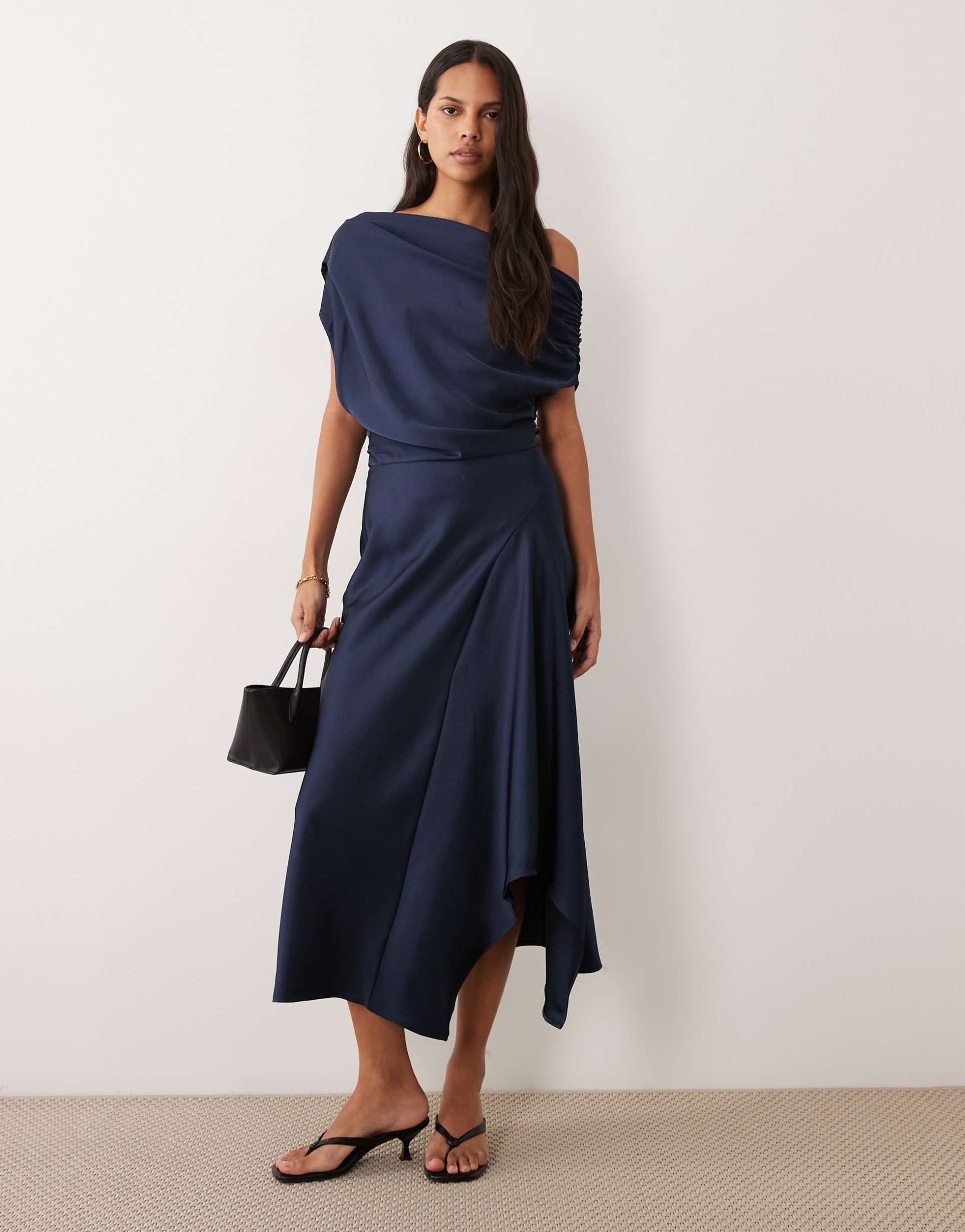 mango asymmetric satin midi dress in navy