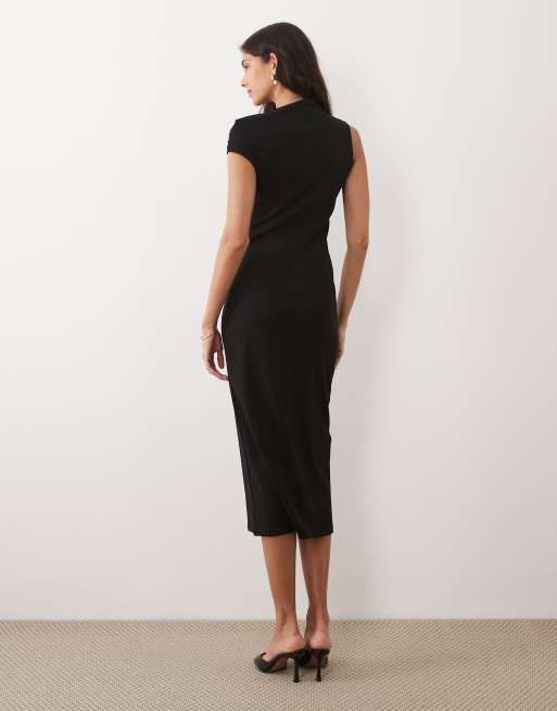 Mango asymmetric short sleeve midi dress in black, 3 of 4