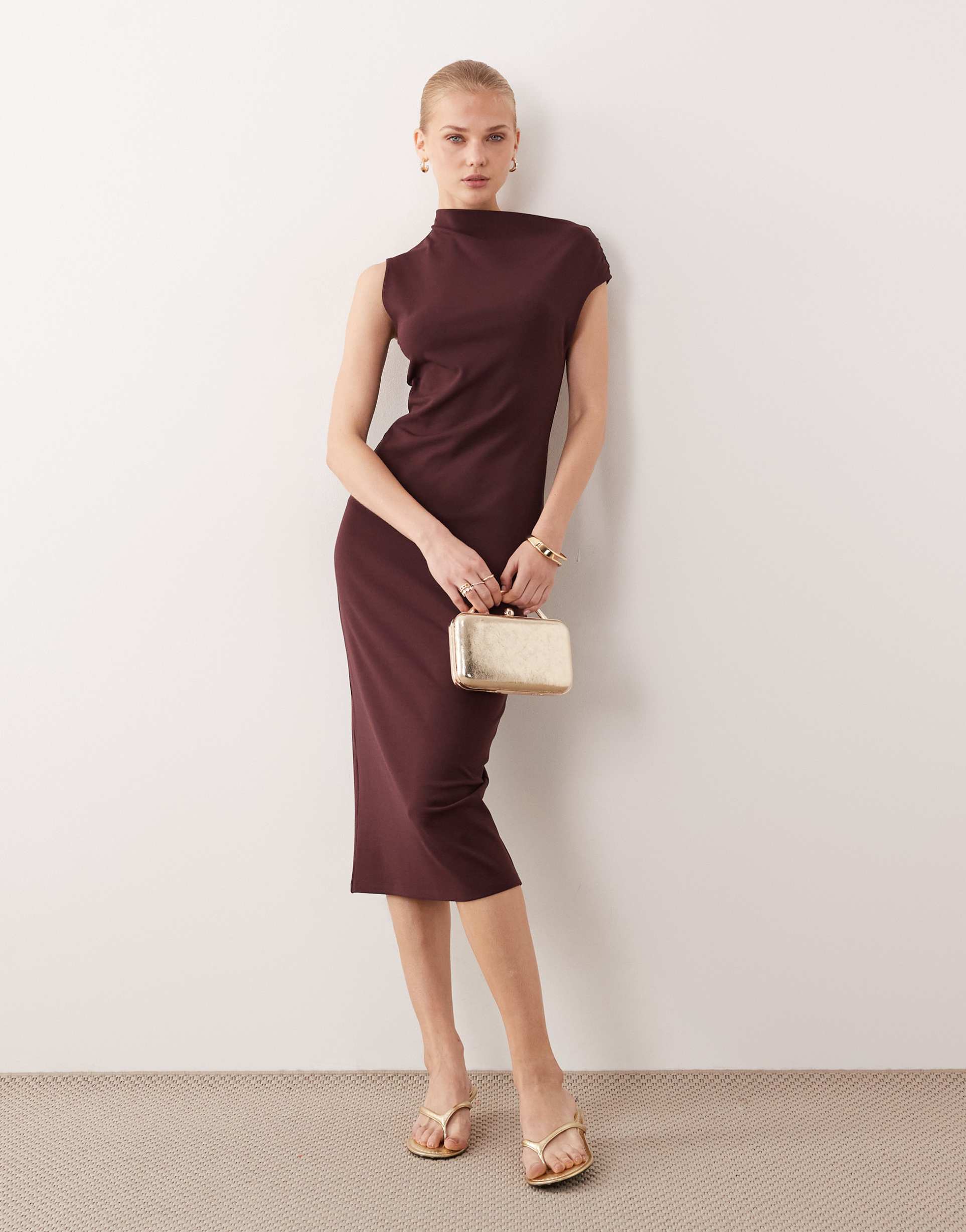 mango asymmetric short sleeve midi dress in deep red