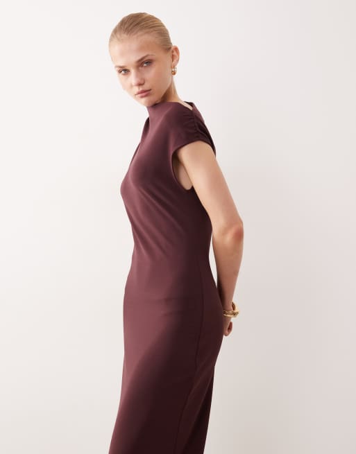 Mango asymmetric short sleeve midi dress in deep red, 2 of 4