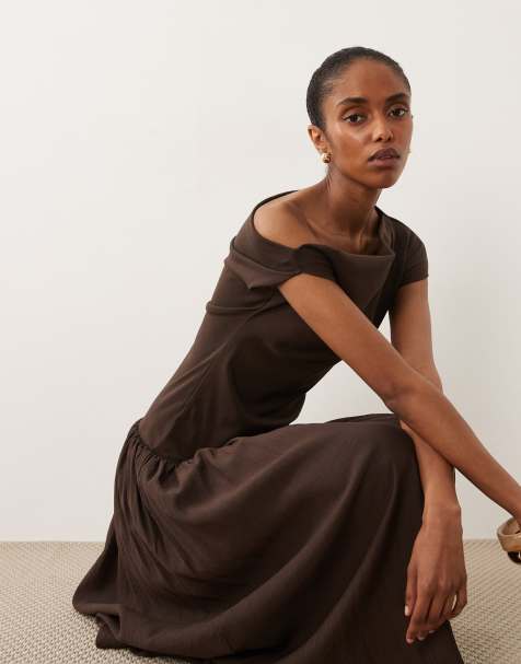 Mango asymmetric sleeveless drop waist maxi dress in brown - view 1