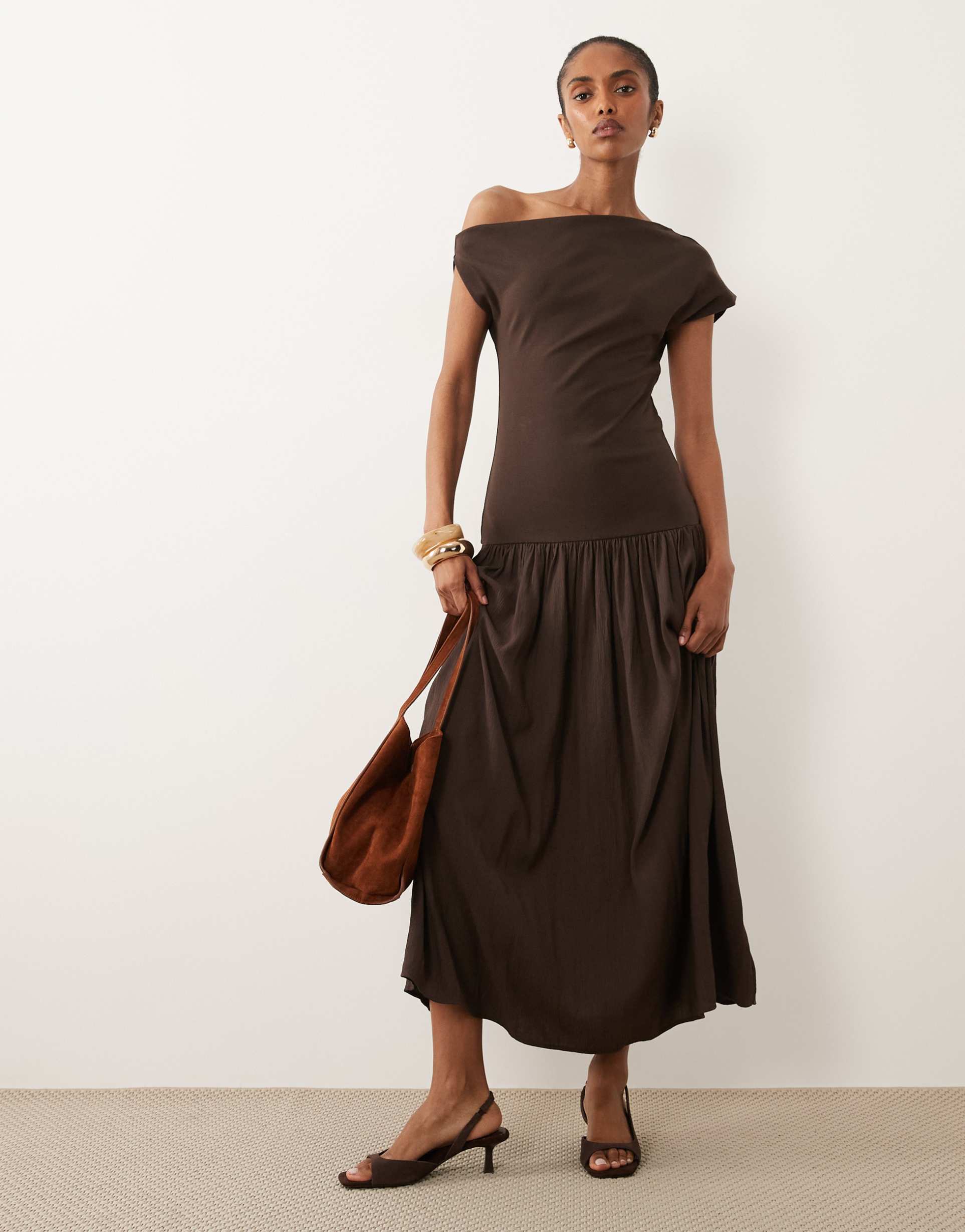 mango asymmetric sleeveless drop waist maxi dress in brown
